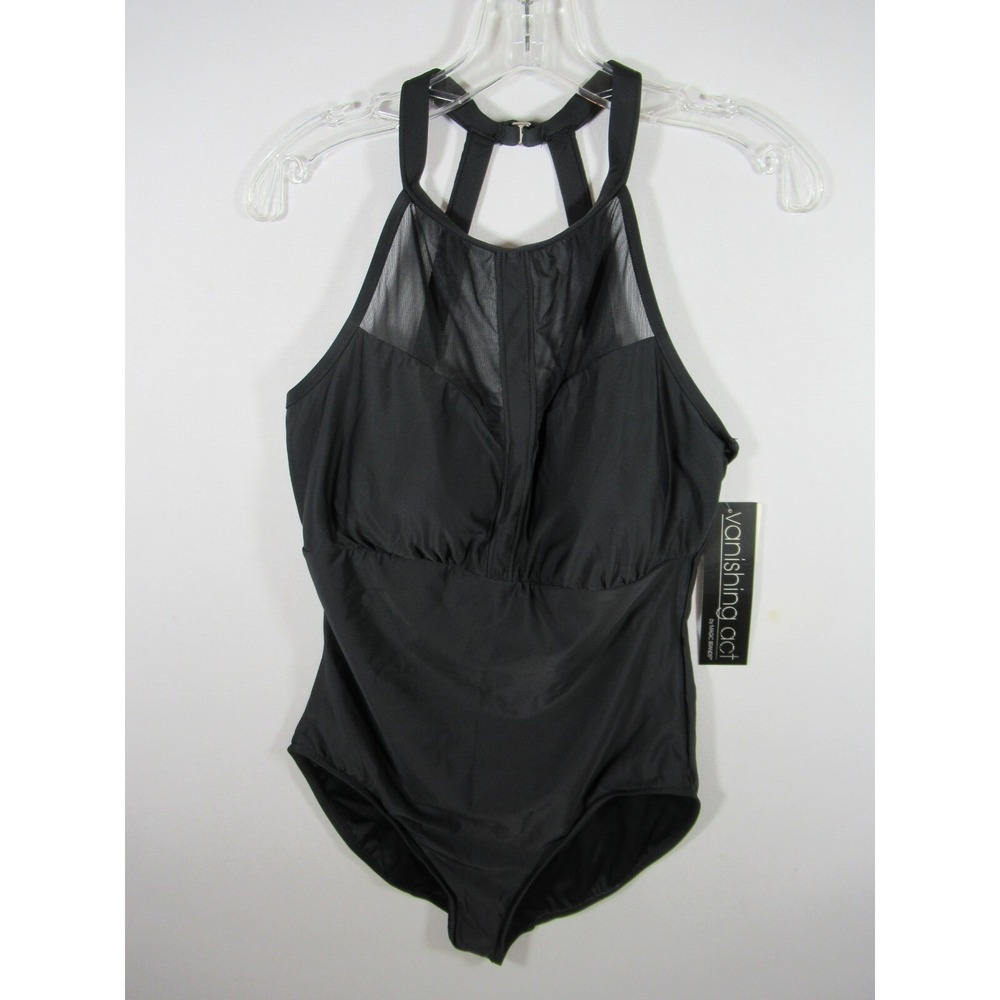 NEW Vanishing Act High Neck Swimsuit Women 16 Black Mesh One-Piece Swim